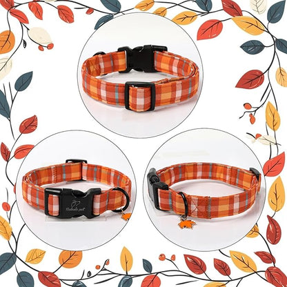 Fall Dog Collar Cute Orange Plaid Puppy Collar - Light Comfortable Adjustable Pet Collars for Small Medium Large Girl Boy Dogs XL