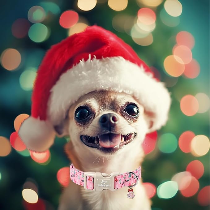 Christmas Dog Collar for Puppy Small Dogs - Cute Xmas Tree Print Pink Christmas Collars for Dogs, Soft Adjustable Winter Holiday Dog Collars with Quick Release Buckle XS