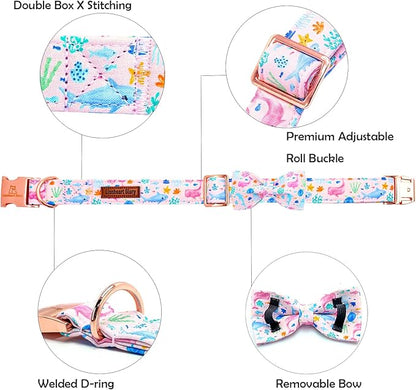 Lionheart glory Dog Bow Collar Sea Animals Print Pink Dog Collar for Medium Dogs,Female Male Dog Collars with Bowtie Spring Summer Collars Soft Adjustable Pet Collar Bows