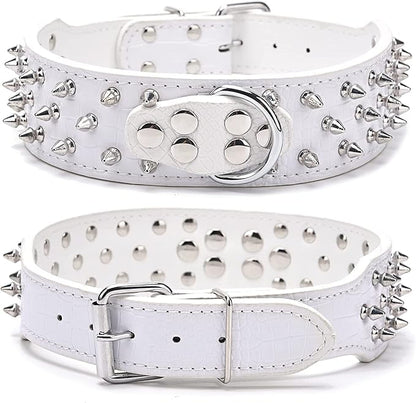 Serijoars Spiked Studded Dog Collar, PU Leather Dog Collar, Adjustable Pet Collars for Medium or Large Breed Pet (L, White1)