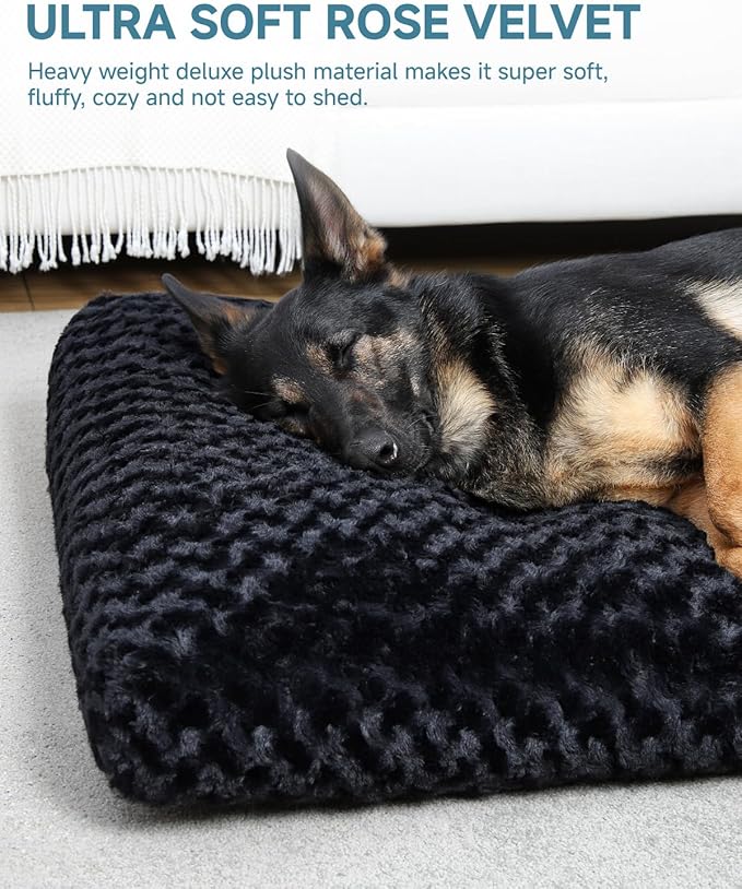 KSIIA Washable Dog Bed Anti-Slip Dog Crate Beds Deluxe Plush Kennel Pad Comfy Pet Sleeping Mat for Large Dogs, 41" x 27", Black