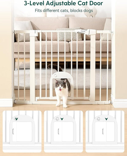 Babelio Baby Gate with Adjustable Cat Door,29-43" Auto Close Durable Pet door for Stairs,Doorways and House,Pressure Mounted,Easy Install,Effortless Walk Thru,White
