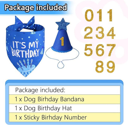 Dog Birthday Party Supplies, Blue Dog Birthday Set with Hat Bandana Numbers for Large Medium Boy Pets Puppy