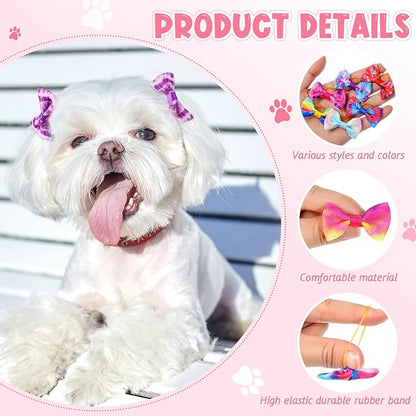 60 Pcs Cute Puppy Dog Hair Bows Small Bowknot Hair Bows with Rubber Bands Handmade Knot Accessories Pet Grooming Products for Holiday Birthday Gift(Tie Dye)
