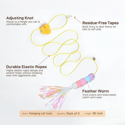 Potaroma Interactive Cat Feather Toys 5 Pcs, Cat Teaser Retractable Hanging Indoor Kitten Play Chase Exercise, Mental Physical Stimulation for All Breeds and Species