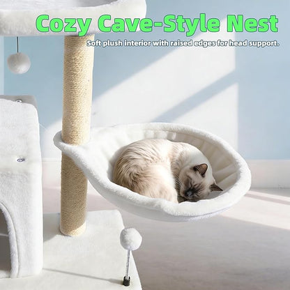 Cat Tree with Cat Condo and Hammock, Cat Tree with Scratching Posts and Scratching Pads, Cat Tower for Indoor Cats, Activity Centre Climbing Tree with Playful Toy Balls, Beige