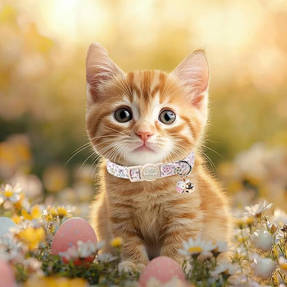 2 Pack Easter Cat Collars - Pastel Bunny&Egg Print Breakaway Easter Cat Collar with Bell & Bunny Pendant, Adjustable Cute Spring Holiday Kitten Collars for Boy Girl Cats