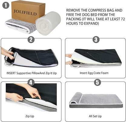 Orthopedic Dog Bed Medium Size Dog with Pillow 30''X20'', Waterproof Soft Comfortable Egg Crate Foam Pet Crate Beds Mat with Removable Washable Cover and Non-Slip Bottom, Cream