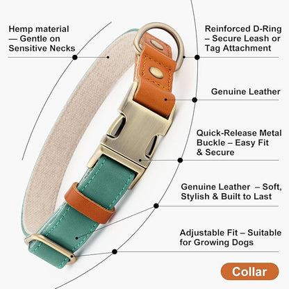 Plutus Pet Genuine Leather & Hemp Dog Collar – Adjustable Heavy Duty Pet Collar with Quick Release Metal Buckle, Soft & Stylish for Puppy and Small, Medium, Large Dogs (Green, M)