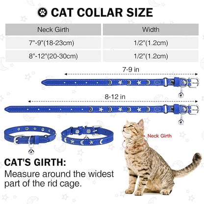 Leather Cat Collars for Boy Girl Cats with Bell and Safety Elastic Belt, Personalized Star and Moon Stud Adjustable Safe Buckle Collar for Kitty Small Big Cats Size 8-12 Inch, Blue