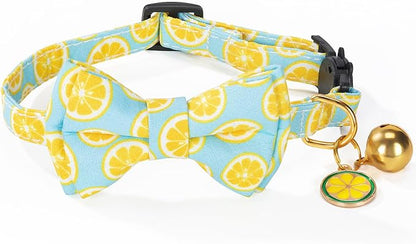 Breakaway Cat Collar with Cute Bow Tie Bell 2Pack Lemon Strawberry Summer Collars for Male Female Soft Cotton Kitty Kitten Collar Cute Cat Collars Ideal for Girl Cats Boy Male Cats