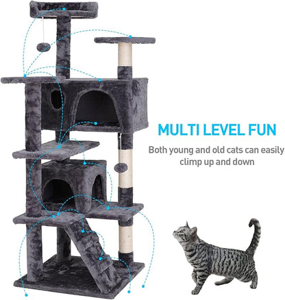 54-Inch Cat Tree for Large Cats, Sturdy Multi-Level Cat Tower with 2 Condos, Hanging Ball and Sisal Scratching Posts, Durable Cat Furniture for Indoor Cats (Dark Grey)