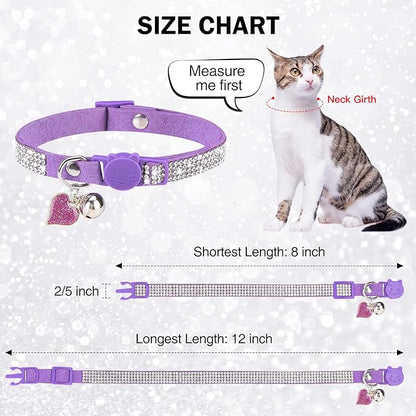 Rhinestone Cat Collar Breakaway with Bell, Diamond Cat Collar with Safety Buckle Quick Release for Girl Boy Small Kitten Pets Puppy,Cute Soft Female Male Cat Collars, Color Purple 8-12"