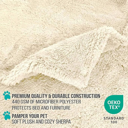 PetAmi Fluffy Waterproof Dog Blanket for Bed Large Dogs, Soft Warm Pet Sherpa Throw Pee Proof Couch Cover, Reversible Cat Blanket Sofa Crate Kennel Protector, Washable Mat Queen (Beige Cream, 90x90)