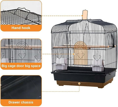 Travel Bird Cage 20.5x18.1x14.2 Inch, Portable Bird Carrier with Handle & 2 Perches for Small Birds, Parrots, Cockatiels, Budgies, Conures, Lovebirds, Canaries, Finches - White Metal Wire Cage