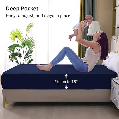 Waterproof Mattress Protector Queen, Fitted Sheet Style Breathable Mattress Cover with Deep Pocket Fits Up to 18'', Noiseless Bed Cover for Kids Adults Pets, Machine Washable (Navyblue, 60'' X 80'')