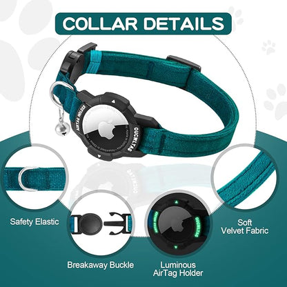 Luminous AirTag Cat Collar Breakaway, OUCWLTAG GPS Cat Collar with Apple Air Tag Holder, Cat Tracker Collars with Safety Elastic Band for Girl Boy Cats, Kittens and Puppies (Blue, 7-10 Inch)
