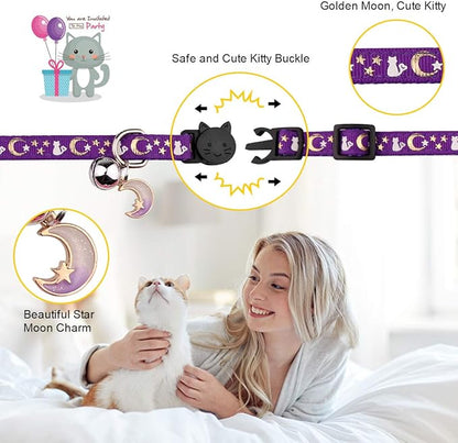 4PCS Cat Collar with Bells,Breakaway Cat Collars,Kitten Collar with Bell Moons Stars Cute Kitty Safe with Pendant,Cat Collars for Girl Cats 6.9-10.7 Inch(Black&Purple&Pink&Teal)