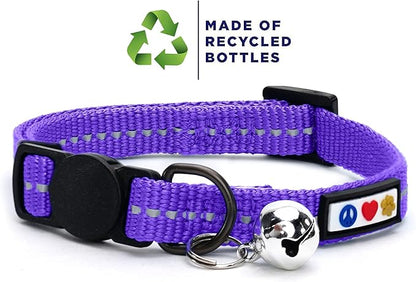 Pawtitas Recycled Purple Reflective Cat Collar – Eco-Friendly Breakaway Safety Buckle, Adjustable Kitten & Adult Collar with Removable Bell and High-Visibility Strap