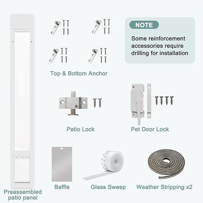 Doggie Door Insert for Sliding Glass Doors, Adjustable Height 76 1/8"-80 7/8" Aluminum Frame Tempered Glass with Lock, 7"x11" Medium Transparent Flap for Large Dogs