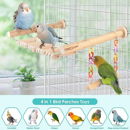 Bird Perches Ladder with Swing, Natural Wood Parrot Climbing Bridge Perch Toys, Exercise Play Stand Parakeet Cage Accessories for Budgie Cockatiel Green-Cheeked Conure Caique