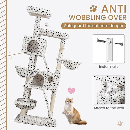 SHA CERLIN 65in Larger Cat Tree Tower Condo for Indoor Kitties/Multi-Level Furniture Activity Center with Wide Base/Cozy Plush Perches/Baskets/Sisal Scratching Posts and Hammock/White & Black Spot