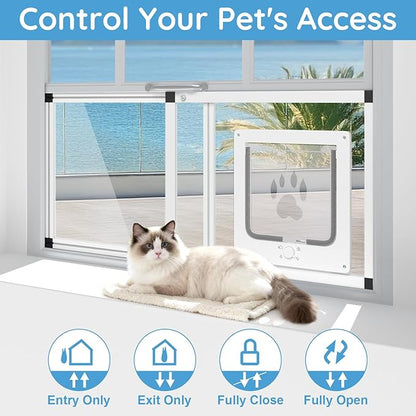Sliding Cat Door for Window, Fits 32"-37" Width Window, 2-Min Install | Aluminum Frame + HD Glass | Weatherproof Design | Magnetic Closure Window Cat Door Insert, Adjustable Pet Door Window for Cats