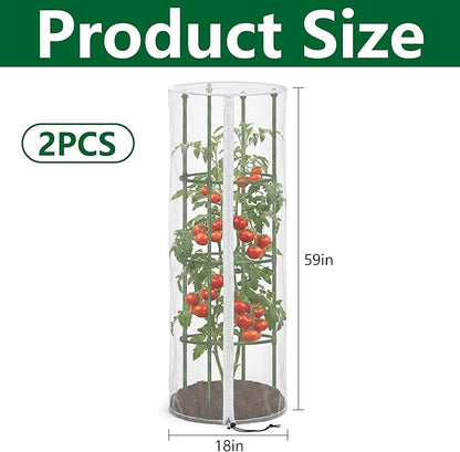 2 Pcs Garden Bird Netting for Round Plant Cage, 59" x 18" Tomato Cage Garden Net Cover with Zipper, Tomato Trellis Insect Bird Barrier Protection Mesh for Vertical Climbing Plants Vegetables Fruits