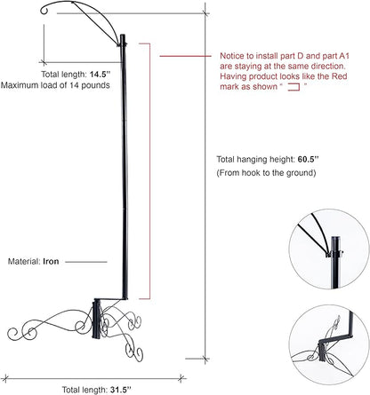 HOHIYA 61″ Heavy Duty Shepherd Hook Bird Feeder and Cage Stand for Garden Patio Backyard Solar Light Hook and Hanging Cages Compatible Black Powder Coated Weather-Resistant