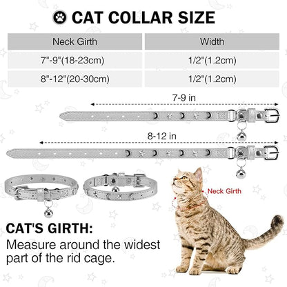 Leather Cat Collars for Boy Girl Cats with Bell and Safety Elastic Belt, Personalized Star and Moon Stud Adjustable Safe Buckle Collar for Kitty Small Big Cats Size 7-9 Inch, Silver Grey