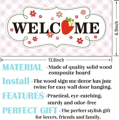 Welcome Sign for Front Door, Welcome Decor Wooden Hanging Sign for Girl Room Decor, Strawberry Pattern Wooden Hanging Signs, Cute Girl Style Front Door Decoration 13.8X6.9 inches