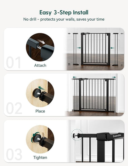 Babelio 36" Tall Baby Gate, 29-48" Auto-Close and Pressure Mounted Baby Gate for Stairs, Doorways, Hallway, Easy Walk Thru Pet Gate, Metal Child Gate with 2*Y Spindle Rods, Black