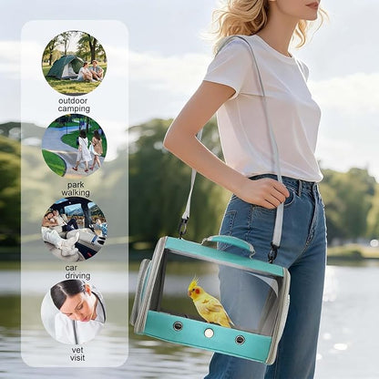 Long Tail Portable Bird Travel Carrier Cage with Metal Tray Soft Mat and Wooden Standing Perch, Hands Free Lightweight Clear 2 Windows Carry Bag for Parakeet Budgies Cockatiel Transport to Vet