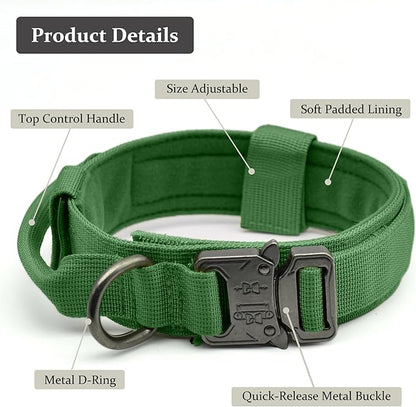 Tactical Dog Collar, Adjustable Military Training Nylon Dog Collar with Control Handle and Heavy Quick-Release Metal Buckle for Small Medium Large Dogs, Emerald Green S