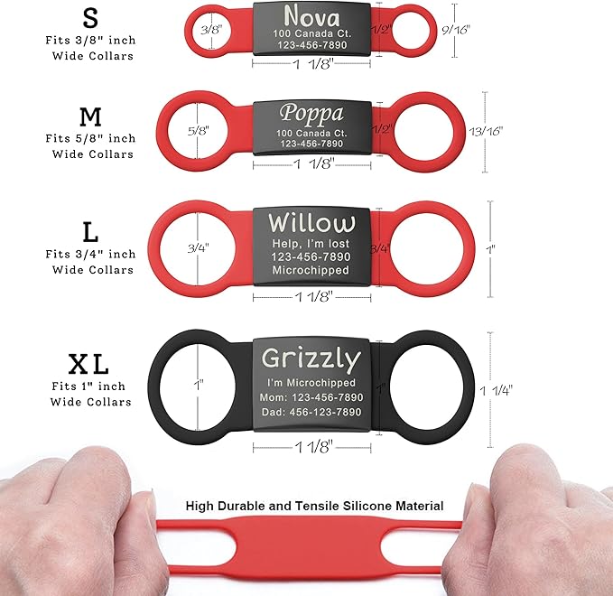 Anavia Slide On Silent Pet ID Tags, S/M/L/XL Personalized Black Stainless Steel Colored Silicone Cat Dog Name Tag, Customized Engraved Nameplate, Quiet Chew-Proof Pet Collar Tag (Blue, Small)