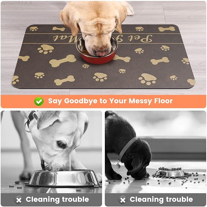 Pet Feeding Mat-Absorbent Pet Placemat for Food and Water Bowl, with Waterproof Rubber Backing, Quick Dry Water Dispenser Mat for Dog and Cat (27"x17", Brown)