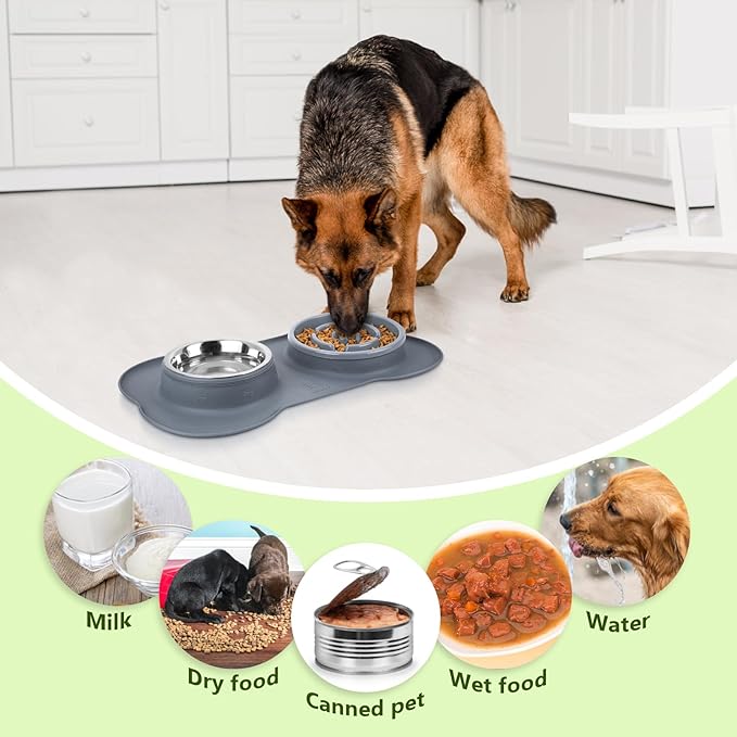 Pecute Slow Feeder Dog Bowls to Slow Down Eating, Dog Bowl Slow Feeder with No-Spill Non-Skid Silicone Mat, Food-Grade Safe Dog Food Bowls Slow Feeder, Stainless Steel Dog Water Bowl for Dogs Cats