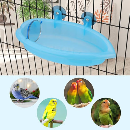 Hypeety Bird Bath with Mirror Portable Bird Bath Bird Bathroom for Pet Parrots Bathing Tub Bath Box Bird Shower Bathtub Accessories (Blue-Bird Bathtub with Mirror)