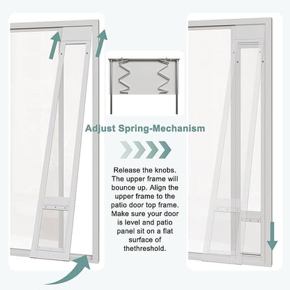 Doggie Door Insert for Sliding Glass Doors, Adjustable Height 76 1/8"-80 7/8" Aluminum Frame Tempered Glass with Lock, 7"x11" Medium Transparent Flap for Large Dogs