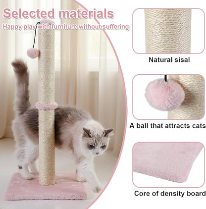 Dimaka Tall Cat Scratching Post, Claw Scratcher with Sisal Rope and Covered with Soft Smooth Plush, Vertical Scratch [Full Strectch] for Standard Size Cats (Pink, 29 inches for All Cats)