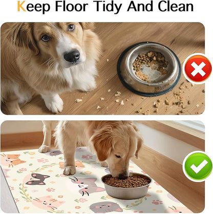 Cat Feeding Mat 24x16 inch Floral Ring Kitten Print Pet Bowl Placemat Non Slip Floor Mat for Food and Water Indoor Kitty Feeding Station Cute Meal Pad for Small Pets Kitchen Use