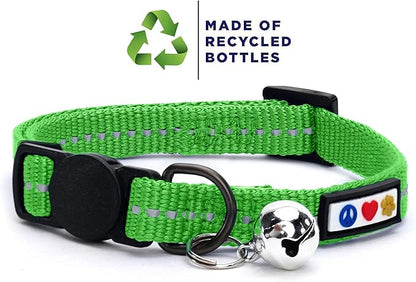 Pawtitas Recycled Green Reflective Cat Collar – Eco-Friendly Breakaway Safety Buckle, Adjustable Kitten & Adult Collar with Removable Bell and High-Visibility Strap