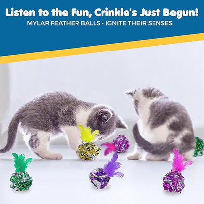 SunGrow Mylar Crinkle Balls with Feathers, 2.5-Inches, Shiny Stress Buster Crinkler, Suitable for Multiple Cats' Engagement, Ideal for Kittens and Grown-ups, 20-Pcs