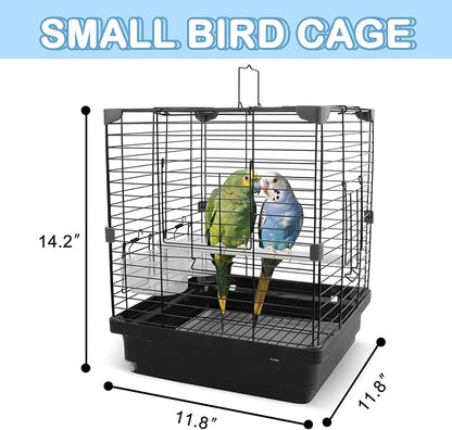 Small Bird Cage for Parakeets, Budgies & Canaries and More Small Birds - Lightweight Travel Birdcage & Bird Carrier with Handle, Stand, Removable Tray, Portable for Hanging, Outdoor Use, Black