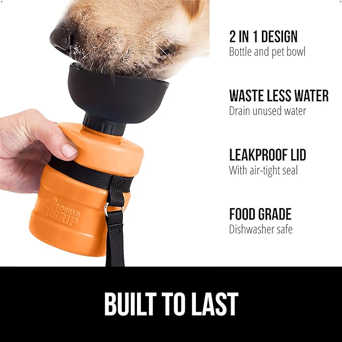 GORILLA GRIP Dog Water Bottle, Portable Water Bowl Dispenser for Dogs, 16 oz Leak Proof Pet Travel Squeeze Bottles, Food Grade Silicone, To Go Puppy Essentials, Hiking Camping Trip Accessories, Orange