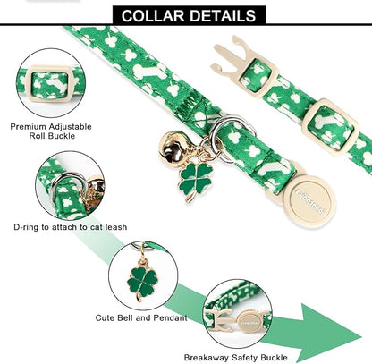 Lionet Paws 2pcs Pack St. Patrick Cotton Cat Collar,Breakaway Buckle with Clover and Bone Stick Cute Adjustable Green Cat Kitten Collar,Ideal for Girl Cats Boy Cats