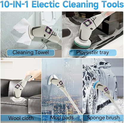 10-in-1 Electric Spin Scrubber for Cleaning, Voice Broadcast Rechargeable Power Scrubber, Aquarium Cleaner, Cordless Shower Cleaner Brush for Tile/Bathtub/Floor/Shoes/Car-Light Gray