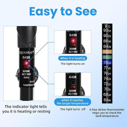 AQUANEAT Aquarium Heater, 300W Fish Tank Heater, Adjustable Submersible Water Thermostat with Thermometer