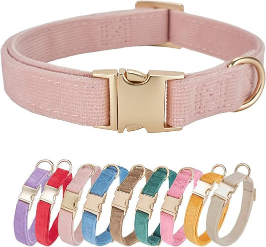 Soft Cotton Dog Collar with Metal Buckle Adjustable Heavy Duty Comfy Corduroy Collars for Small Medium Large Dogs,Light Pink,Large