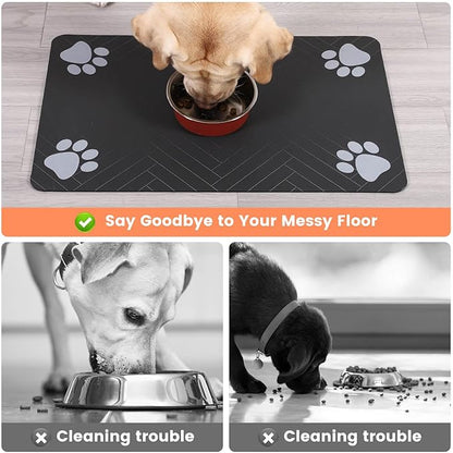 Pet Feeding Mat-Absorbent Pet Placemat for Food and Water Bowl, with Waterproof Rubber Backing, Quick Dry Water Dispenser Mat for Dog and Cat (27"x17", Black)